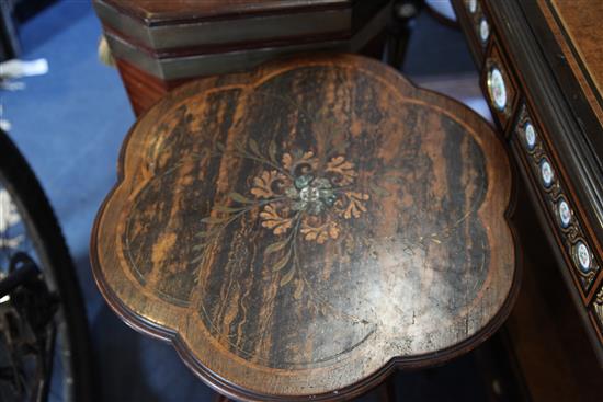 Charles Edward Hoston, Lamb of Manchester. An Aesthetic period inlaid coromandel and rosewood occasional table, W.1ft 8in. H.2ft 2in.